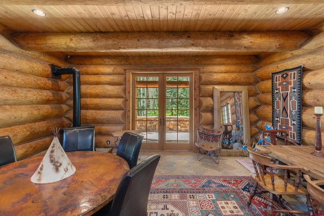 office featuring a wood stove, french doors, log walls, and wood ceiling