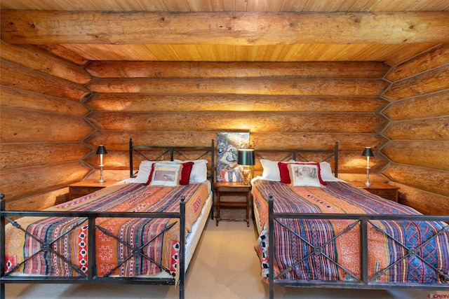 bedroom featuring wood ceiling, beamed ceiling, and rustic walls