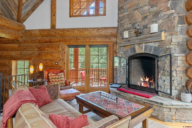 living room featuring a fireplace, french doors, rustic walls, a high ceiling, and wood-type flooring