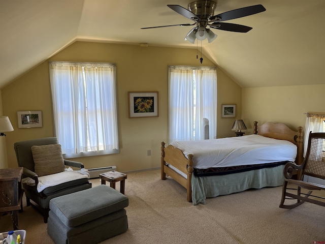 carpeted bedroom with lofted ceiling, ceiling fan, and baseboard heating