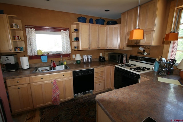 kitchen featuring sink, decorative light fixtures, light brown cabinets, black dishwasher, and gas range oven