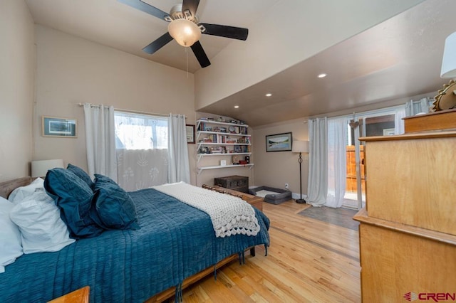 bedroom featuring light wood-type flooring and ceiling fan