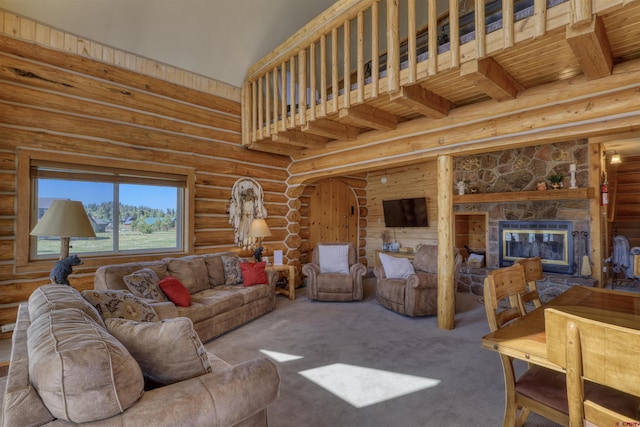 living room featuring carpet floors, a towering ceiling, log walls, and a fireplace