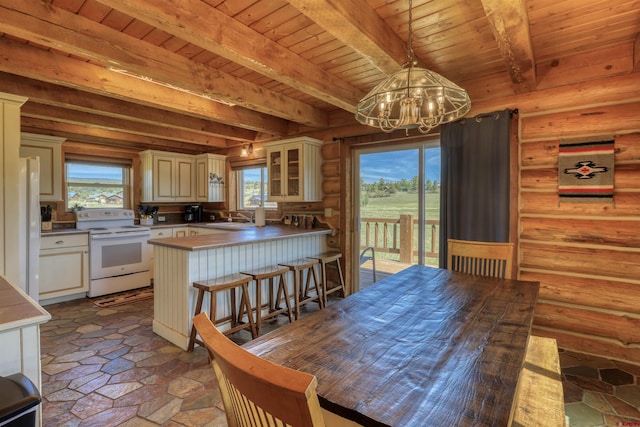 dining room with beam ceiling, sink, log walls, and an inviting chandelier