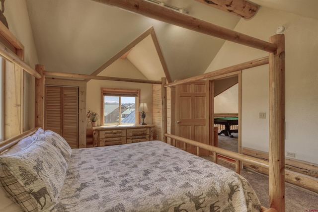 bedroom featuring pool table, vaulted ceiling, and carpet flooring