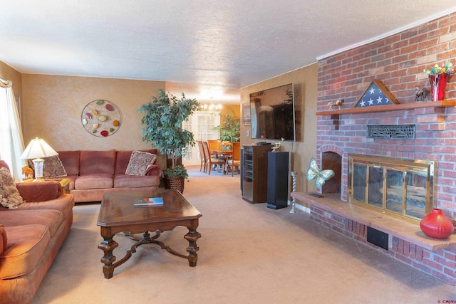 living room with a textured ceiling, carpet floors, a brick fireplace, and brick wall