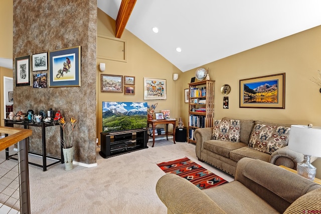 living room with carpet and vaulted ceiling with beams