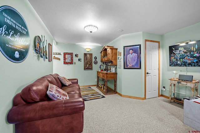 living room featuring a textured ceiling and light carpet