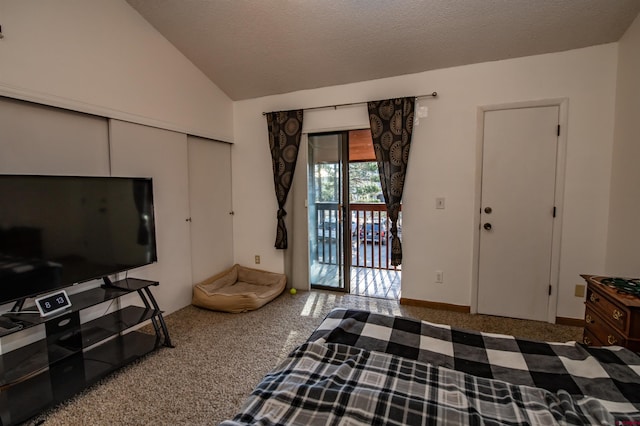 bedroom featuring vaulted ceiling, a textured ceiling, carpet flooring, a closet, and access to exterior