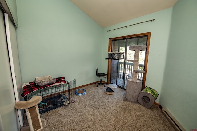 workout area featuring lofted ceiling and carpet floors