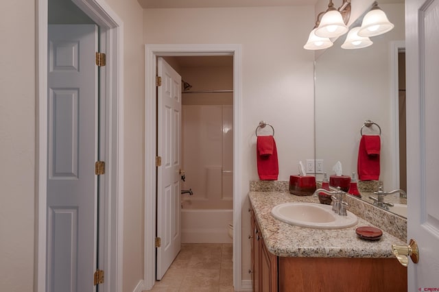 full bathroom with shower / tub combination, vanity, an inviting chandelier, and toilet