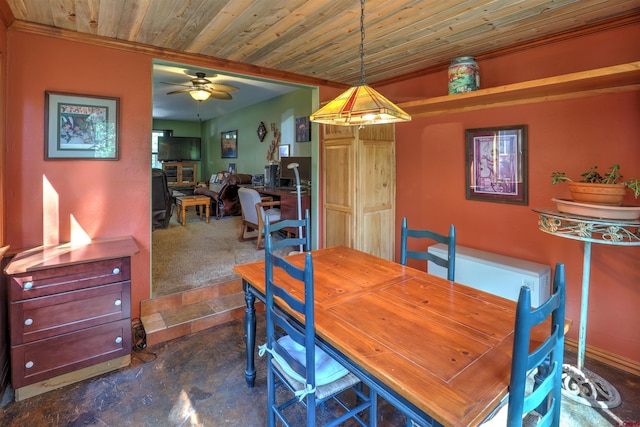 dining area featuring ceiling fan, dark colored carpet, ornamental molding, and wood ceiling