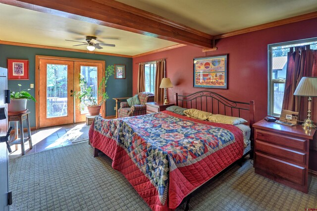 bedroom with multiple windows, french doors, ceiling fan, and access to outside