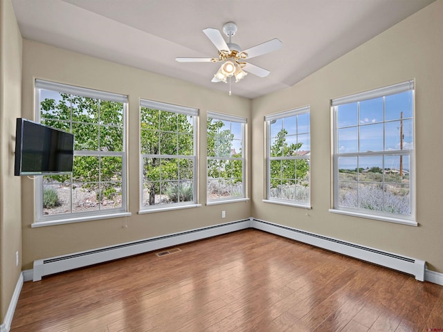 empty room with wood-type flooring, ceiling fan, and baseboard heating