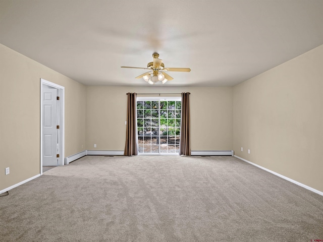 carpeted empty room featuring a baseboard radiator and ceiling fan