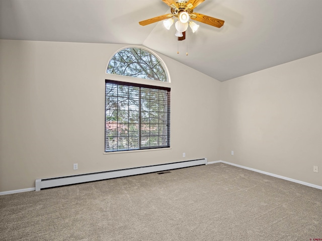 unfurnished room featuring lofted ceiling, carpet, ceiling fan, and baseboard heating