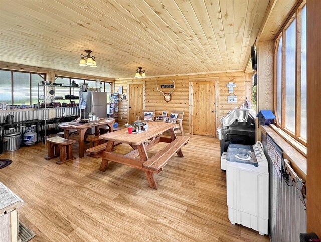 19958 Fs 327th Loop, Mancos, CO 81328 - dining area featuring wooden ceiling, log walls, and light wood-style floors