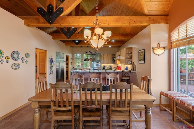 dining space with an inviting chandelier, tile patterned flooring, wooden ceiling, and beam ceiling