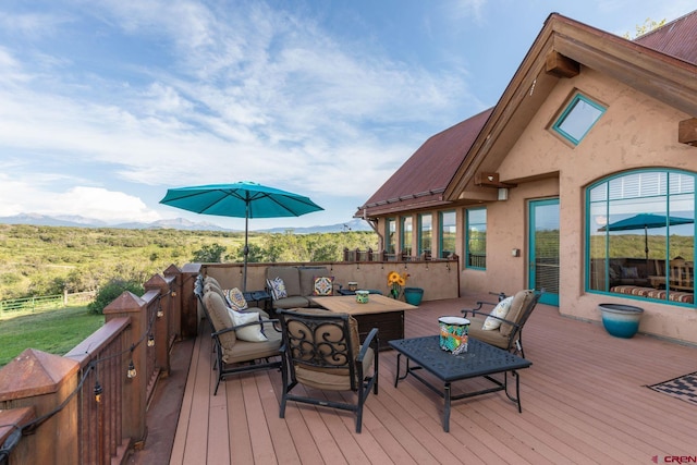 770 S Avalon Dr, Norwood, CO 81423 - wooden terrace with an outdoor living space, fence, and a mountain view