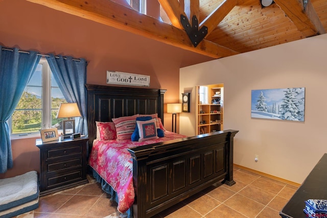 bedroom featuring light tile patterned flooring, ceiling fan, and wood ceiling