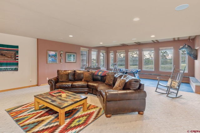 living room featuring light carpet