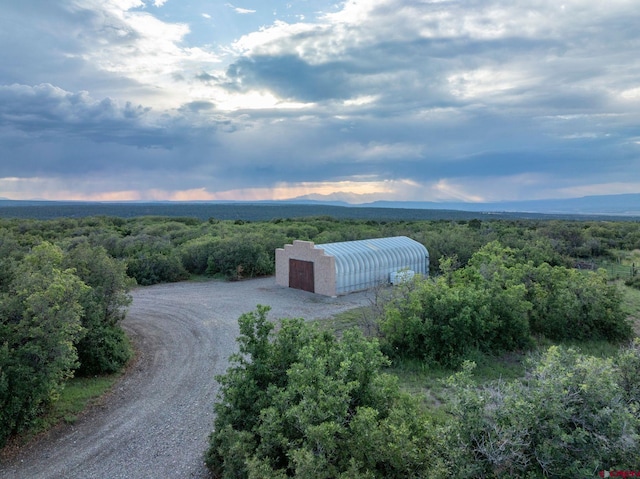 view of aerial view at dusk