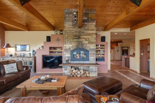 770 S Avalon Dr, Norwood, CO 81423 - living room with beam ceiling, wood ceiling, and a fireplace