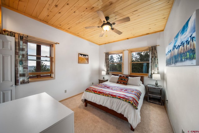 bedroom with wood ceiling, light colored carpet, and ceiling fan