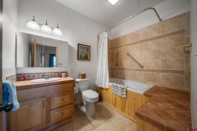 full bathroom with tile patterned floors, shower / bathtub combination with curtain, toilet, and vanity