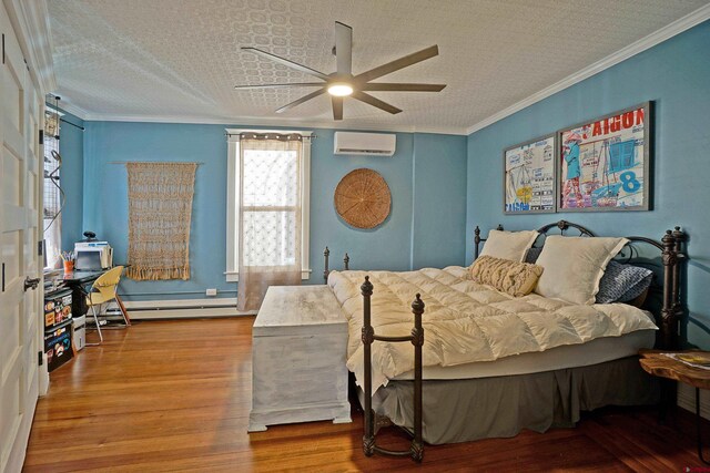 bedroom with a textured ceiling, ceiling fan, crown molding, and a wall mounted air conditioner