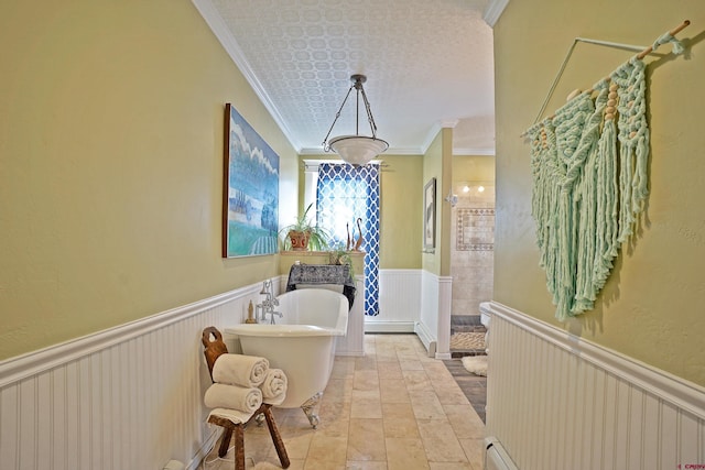 bathroom featuring a textured ceiling, independent shower and bath, ornamental molding, and a baseboard radiator