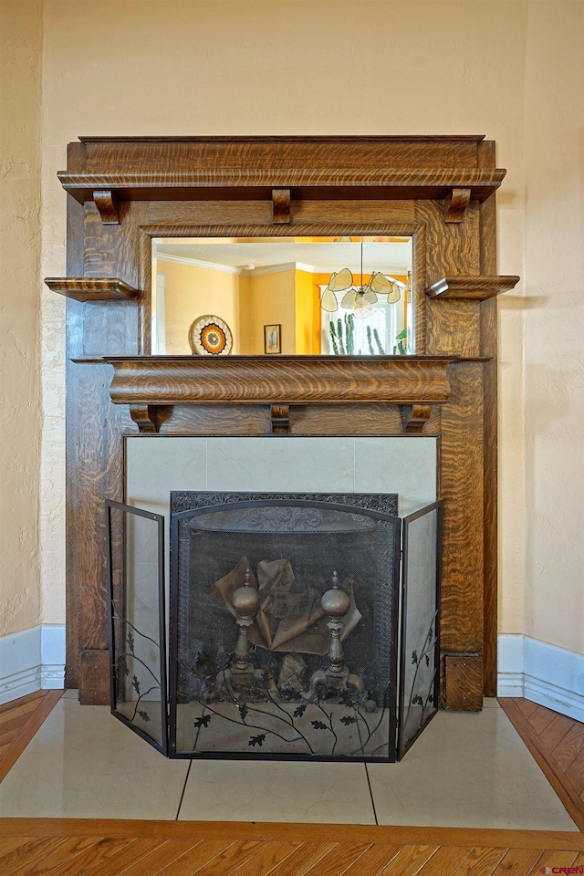 details with a fireplace and hardwood / wood-style floors