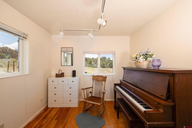 miscellaneous room with rail lighting and hardwood / wood-style floors