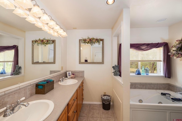 bathroom with a tub, tile patterned floors, and dual bowl vanity