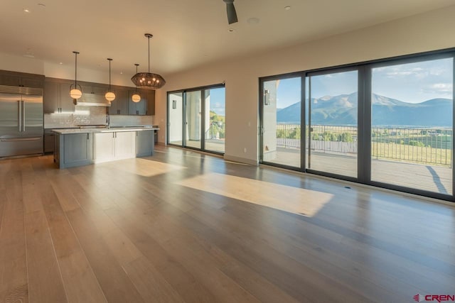 unfurnished living room with a mountain view and light wood-type flooring