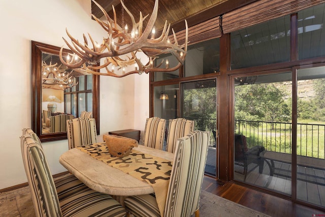 dining space with wood-type flooring and a chandelier