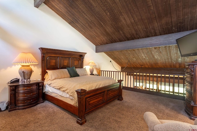 bedroom with vaulted ceiling with beams, light carpet, and wooden ceiling