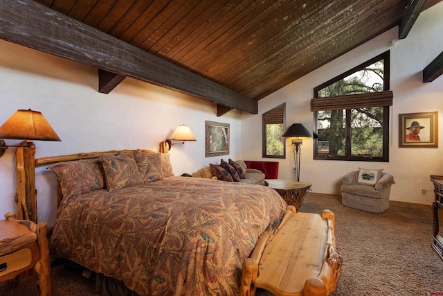 bedroom featuring carpet flooring, lofted ceiling with beams, and wood ceiling