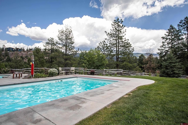 view of swimming pool featuring a yard