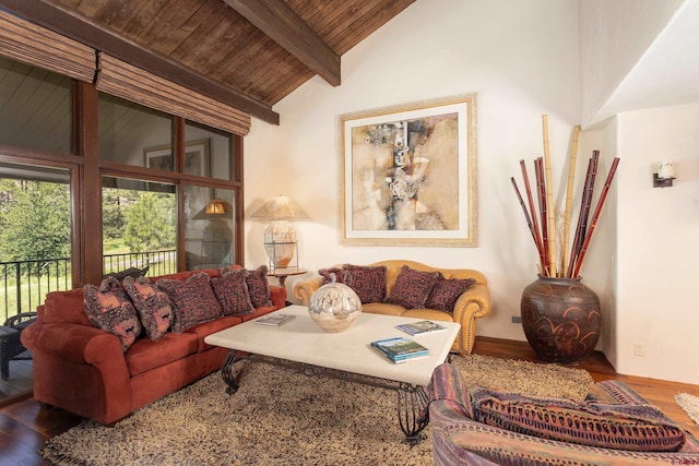 living room featuring wood ceiling, high vaulted ceiling, beamed ceiling, and wood-type flooring