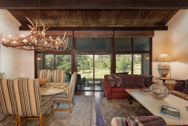 living room featuring wood-type flooring, a notable chandelier, vaulted ceiling with beams, and wood ceiling