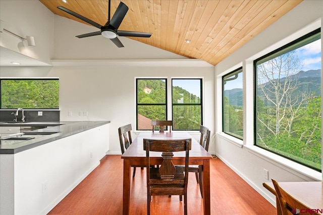 dining area with lofted ceiling, sink, wood ceiling, wood-type flooring, and a mountain view