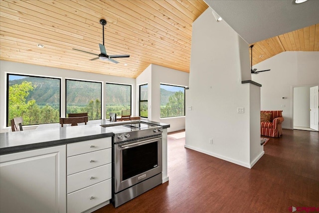 kitchen with wood ceiling, stainless steel range with electric stovetop, white cabinetry, pendant lighting, and ceiling fan