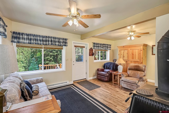 living room featuring a baseboard radiator, ceiling fan, and hardwood / wood-style floors