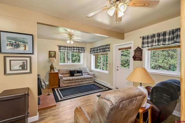 living room featuring a baseboard radiator, light wood-type flooring, and ceiling fan