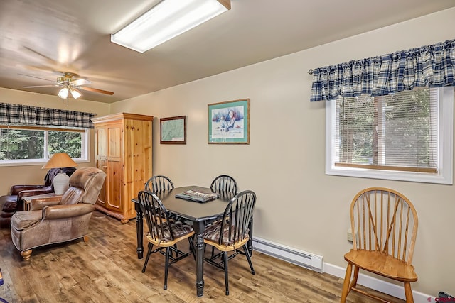 dining space featuring light hardwood / wood-style floors, a baseboard radiator, and ceiling fan