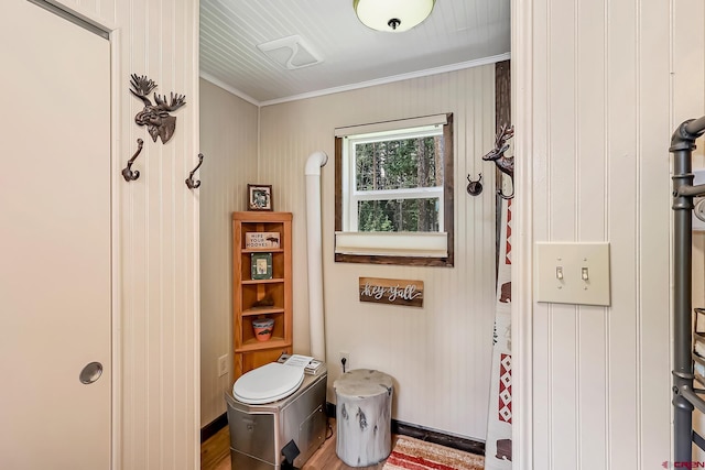 bathroom featuring hardwood / wood-style flooring and ornamental molding