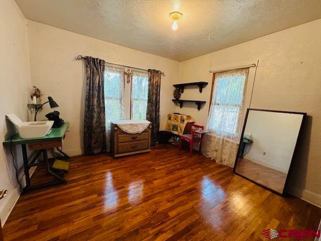 living area with a textured ceiling and wood-type flooring