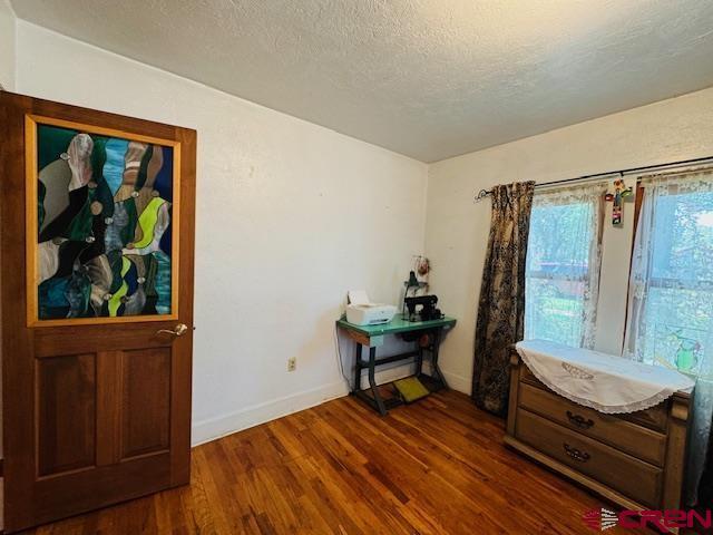 misc room with dark wood-type flooring and a textured ceiling