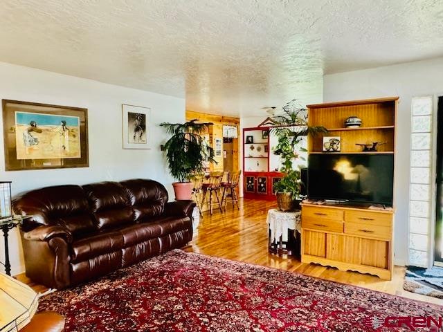 living room featuring light hardwood / wood-style flooring and a textured ceiling